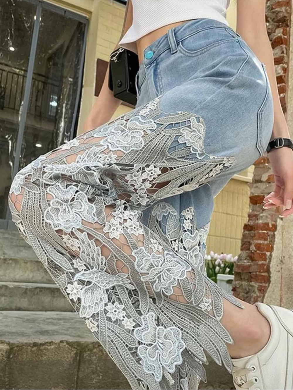 xxxiticat Women's Lace Denim Pants High Waisted Hollow Out Asymmetric Floral Pat